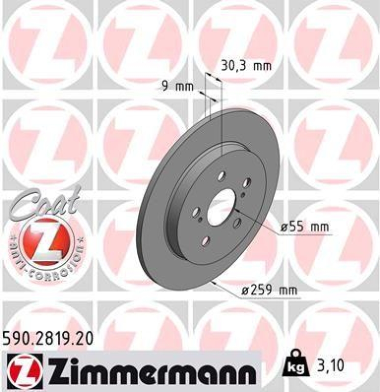 2x Zimmermann Bremsscheiben Coat Z Ø259mm Hinten passend für Toyota Prius Verso 590.2819.20