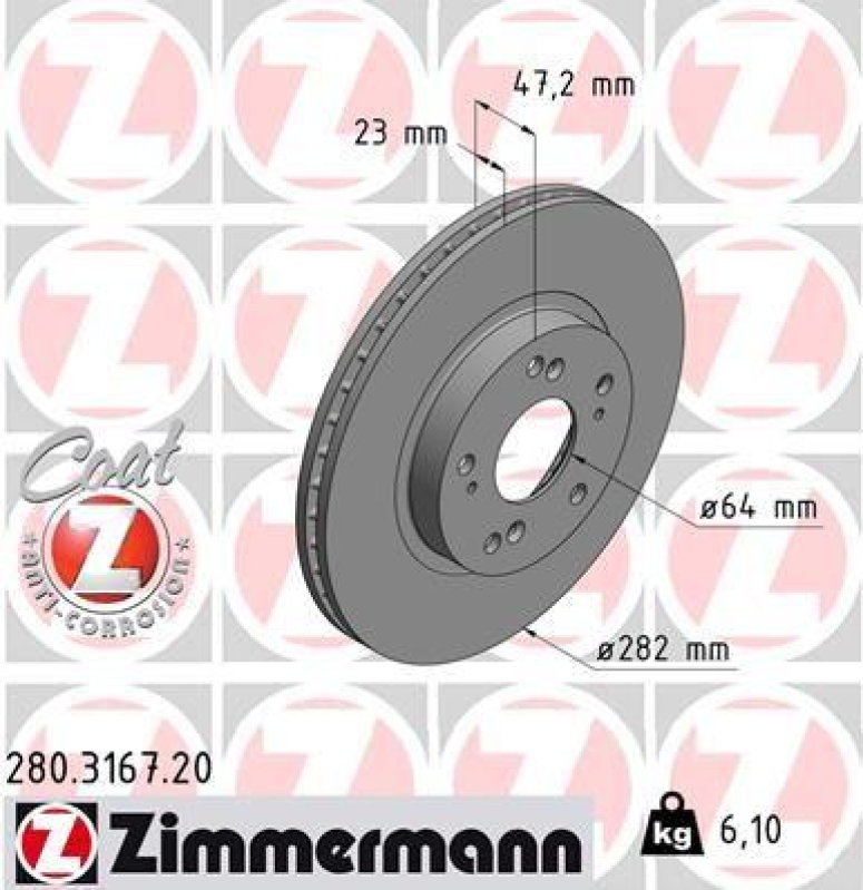 2x Zimmermann Bremsscheiben Coat Z Ø282mm Vorne passend für Honda CR-V 2 Civic 7 280.3167.20