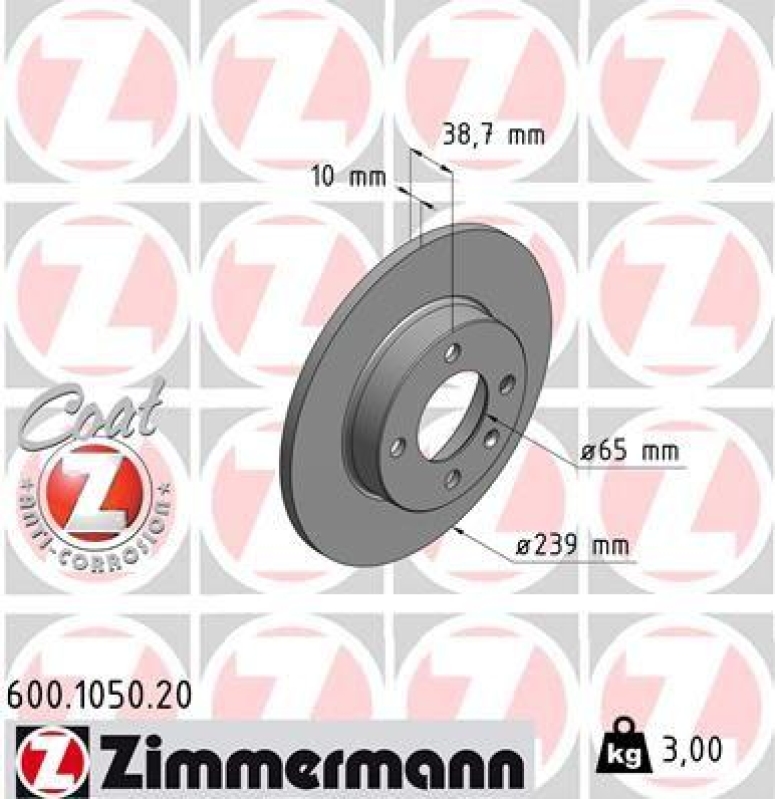 2x Zimmermann Bremsscheiben Coat Z Ø239mm Vorne passend für VW Golf 2 19E Seat 3 600.1050.20