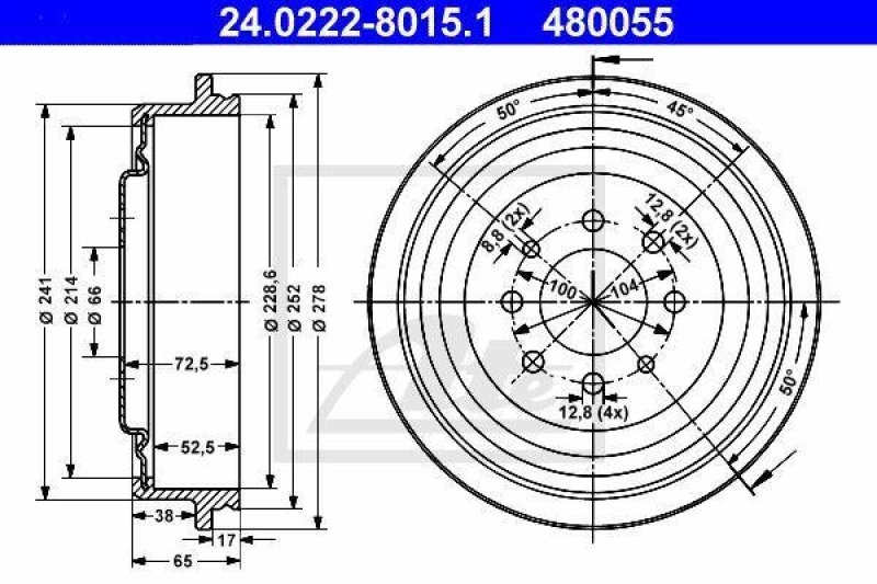 2x ATE Bremstrommel 24.0222-8015.1