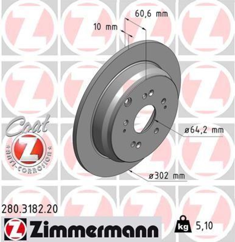 2x Zimmermann Bremsscheiben Coat Z Ø302mm Hinten passend für Honda CR-V 3 2.0 4 280.3182.20