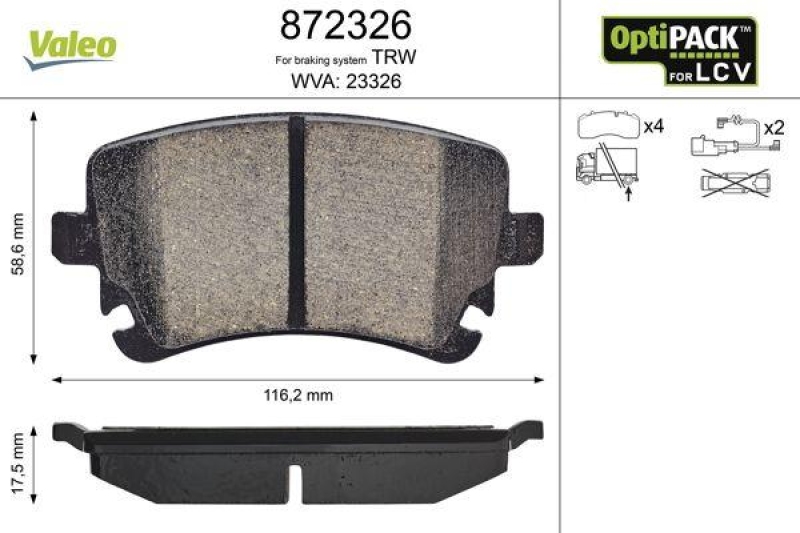 VALEO Bremsbelagsatz, Scheibenbremse OPTIPACK for LCV 872326