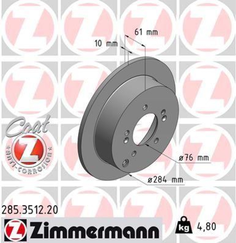 2x Zimmermann Bremsscheiben Ø284mm Hinten passend für KIA Sportage 3 Hyundai 2.0 285.3512.20