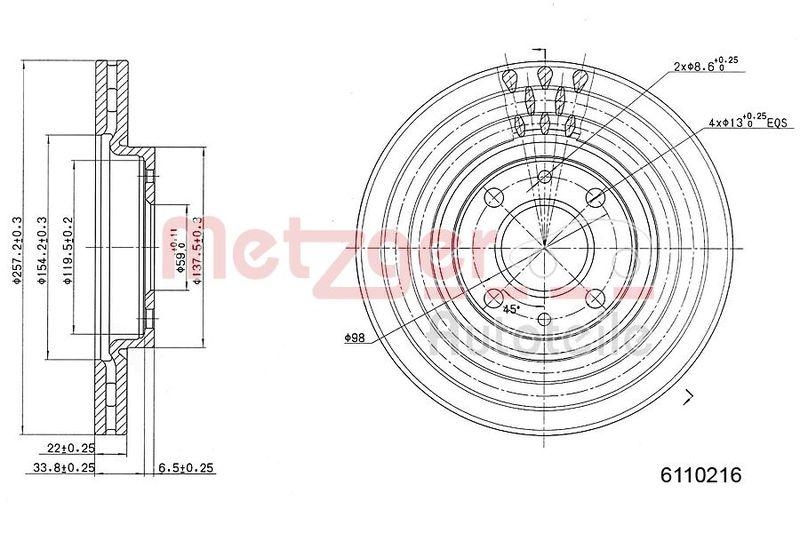 2x METZGER Bremsscheibe 6110216