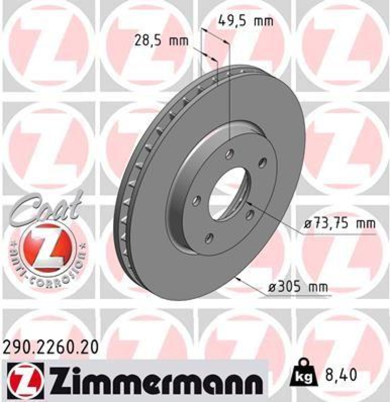 2x Zimmermann Bremsscheiben Coat Z Ø305mm Vorne passend für Daimler XJ Jaguar XK 290.2260.20