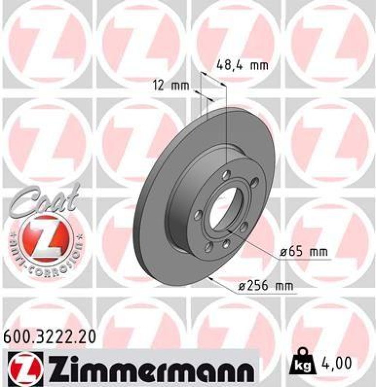 2x Zimmermann Bremsscheiben Coat Z Ø256mm Hinten passend für VW Golf 5 6 Audi A3 600.3222.20