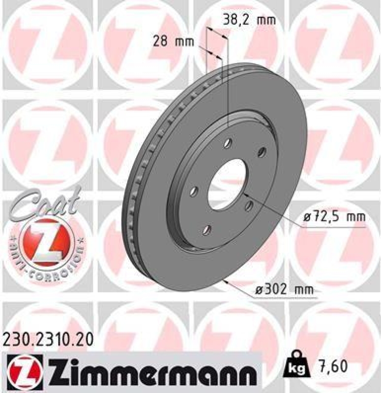 2x Zimmermann Bremsscheiben Coat Z Ø302mm Vorne passend für Fiat Freemont 5 2.0 230.2310.20