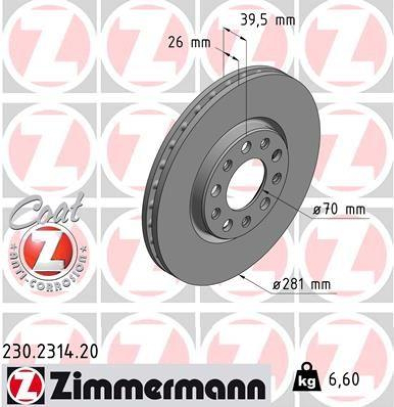 2x Zimmermann Bremsscheiben Coat Z Ø281mm Vorne passend für Fiat 500x Alfa Jeep 230.2314.20