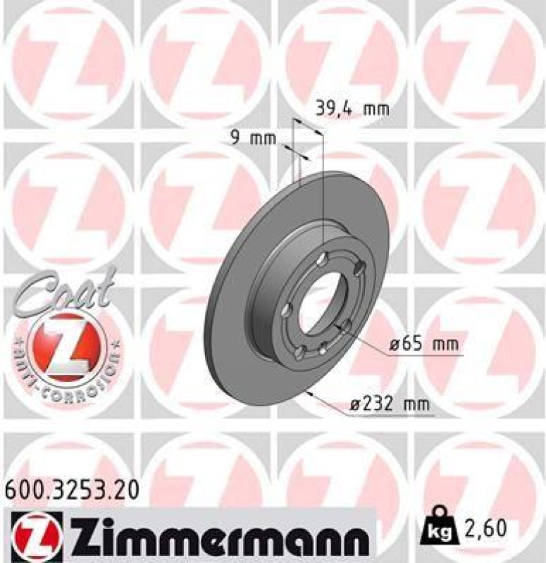 2x Zimmermann Bremsscheiben Coat Z Ø232mm Hinten passend für VW Polo 4 9A4 1.4 600.3253.20
