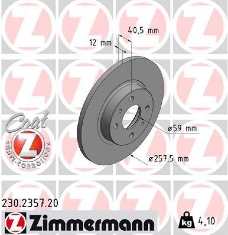 2x Zimmermann Bremsscheiben Coat Z Ø257mm Vorne passend für Fiat Panda 500 Punto 230.2357.20