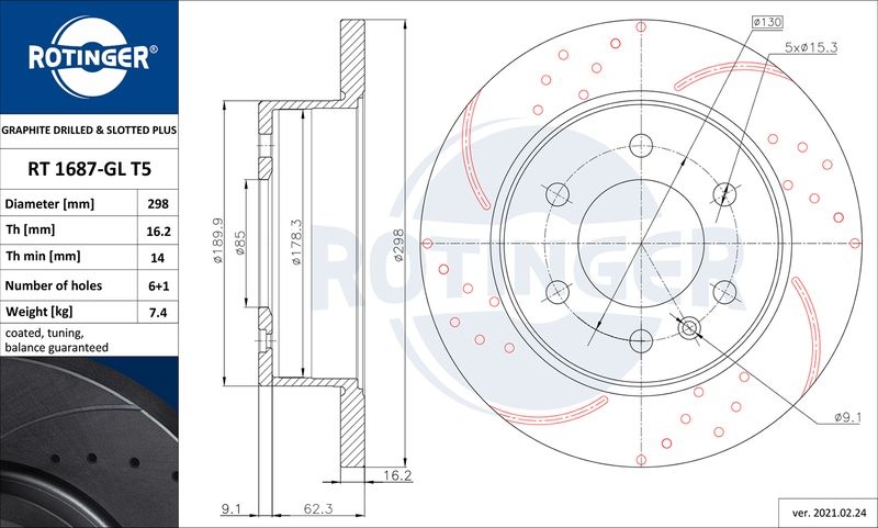 2x ROTINGER Bremsscheibe GRAPHITE DRILLED & SLOTTED PLUS