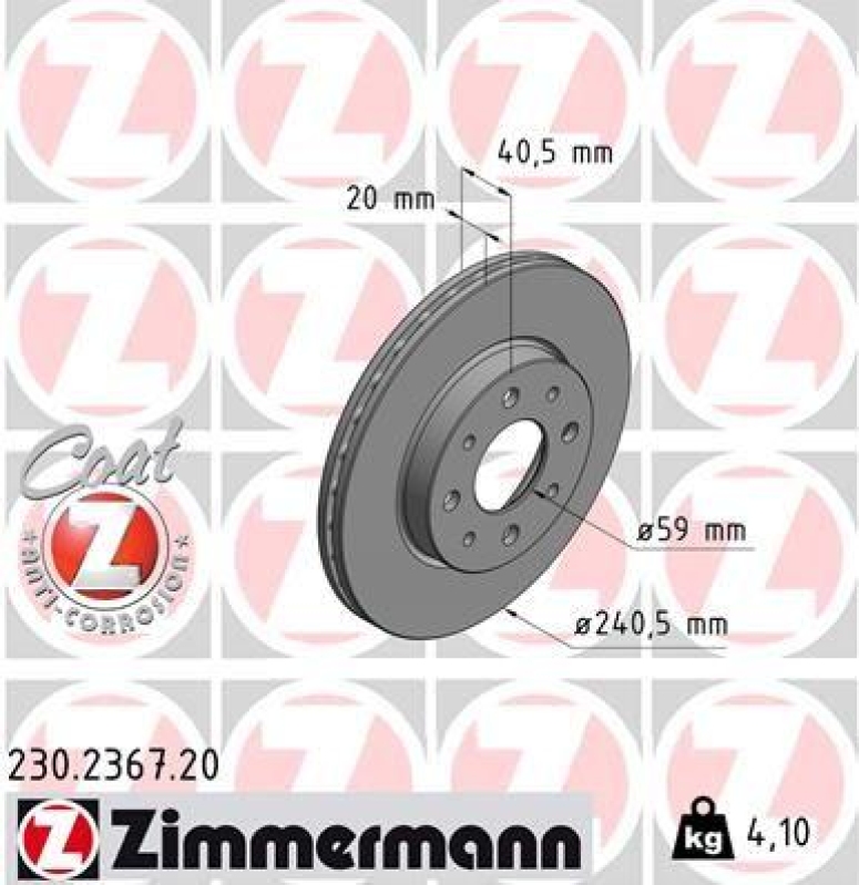 2x Zimmermann Bremsscheiben Coat Z Ø240mm Vorne passend für Fiat 500 1.2 Ford KA 230.2367.20