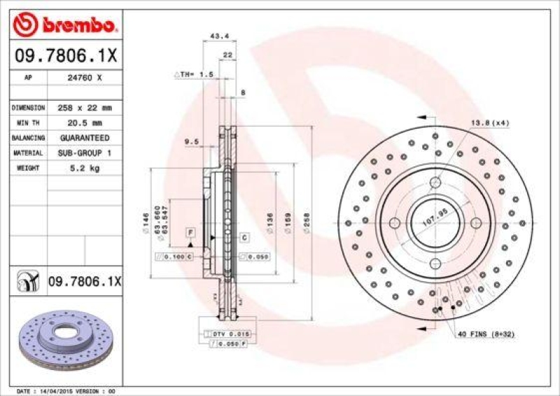 Brembo Xtra Line Bremsscheiben 258mm + Bremsbeläge Vorne passend für Ford Fusion
