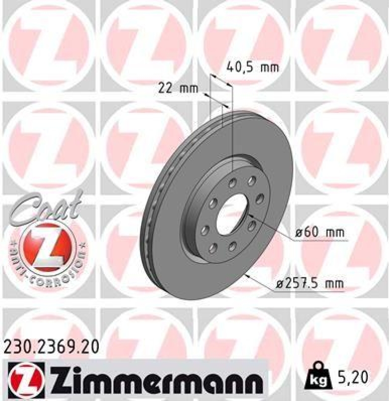 2x Zimmermann Bremsscheiben Coat Z Ø257.5mm Vorne passend für Opel Corsa D Fiat 230.2369.20