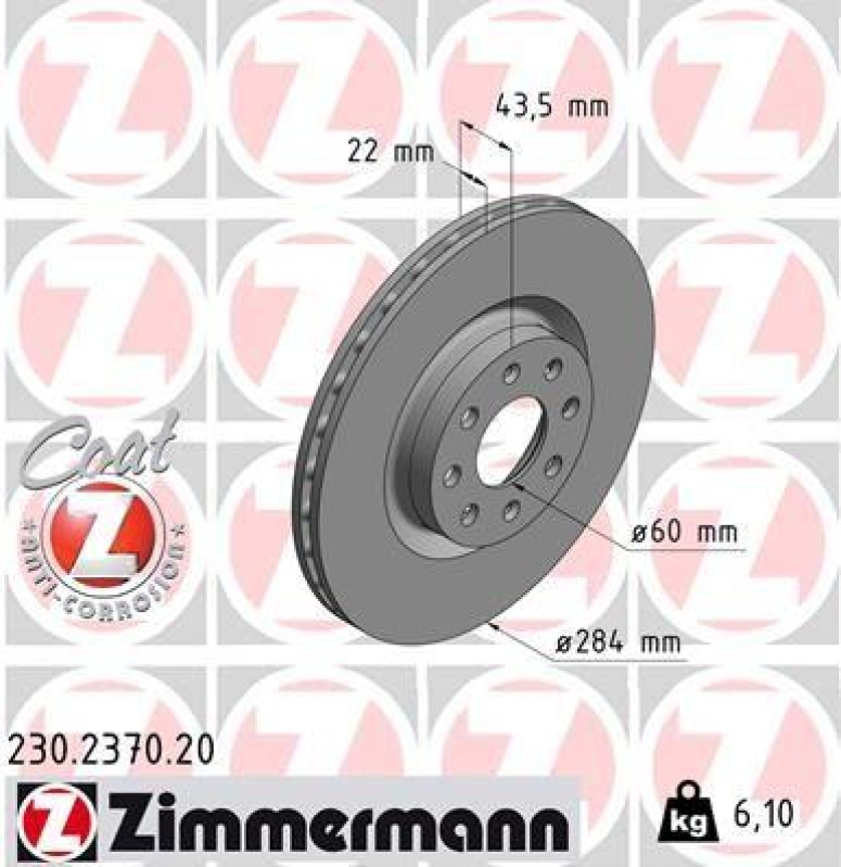 2x Zimmermann Bremsscheiben Coat Z Ø284mm Vorne passend für Opel Corsa 1.4 Adam 230.2370.20