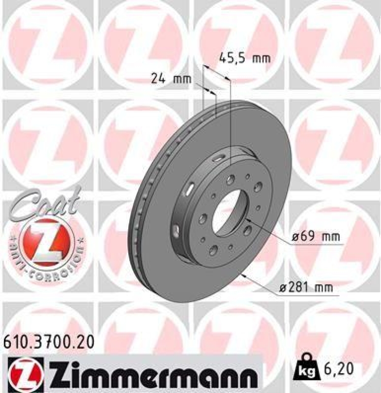 2x Zimmermann Bremsscheiben Coat Z Ø281mm Vorne passend für Volvo V40 Mitsubishi 610.3700.20