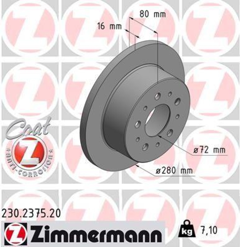 2x Zimmermann Bremsscheiben Coat Z Ø280mm Hinten passend für Fiat Ducato Peugeot 230.2375.20