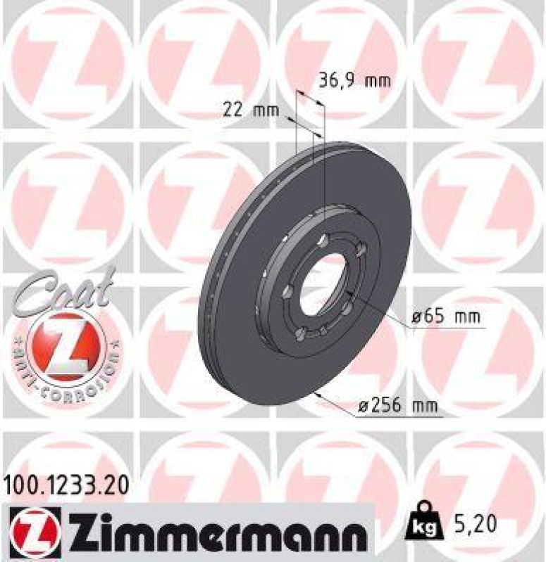 2x Zimmermann Bremsscheiben Coat Z Ø256mm Vorne passend für VW Golf 4 5 Skoda 2 100.1233.20