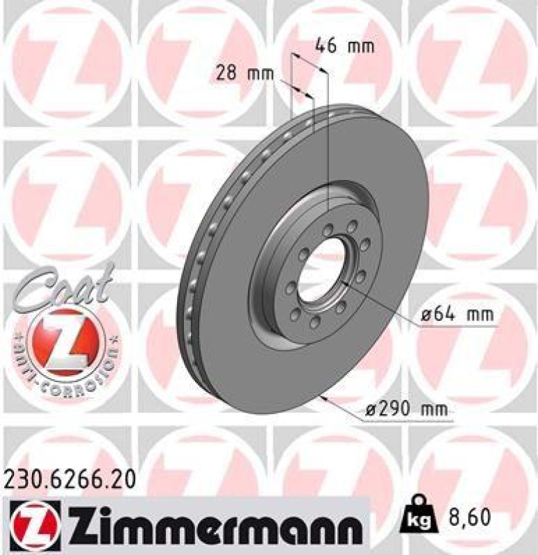 2x Zimmermann Bremsscheiben Coat Z Ø290mm Vorne passend für Iveco Daily 4 230.6266.20