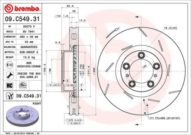 1x BREMBO Bremsscheibe COATED DISC LINE