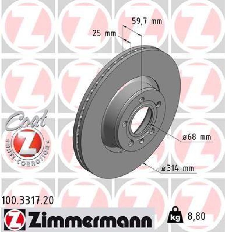 2x Zimmermann Bremsscheiben Coat Z Ø314mm Vorne passend für Audi A6 C6 4F5 3.0 100.3317.20