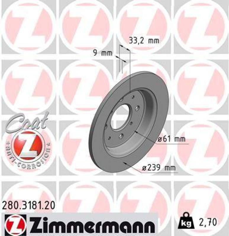 2x Zimmermann Bremsscheiben Coat Z Ø239mm Hinten passend für Honda Jazz 3 1.2 4 280.3181.20