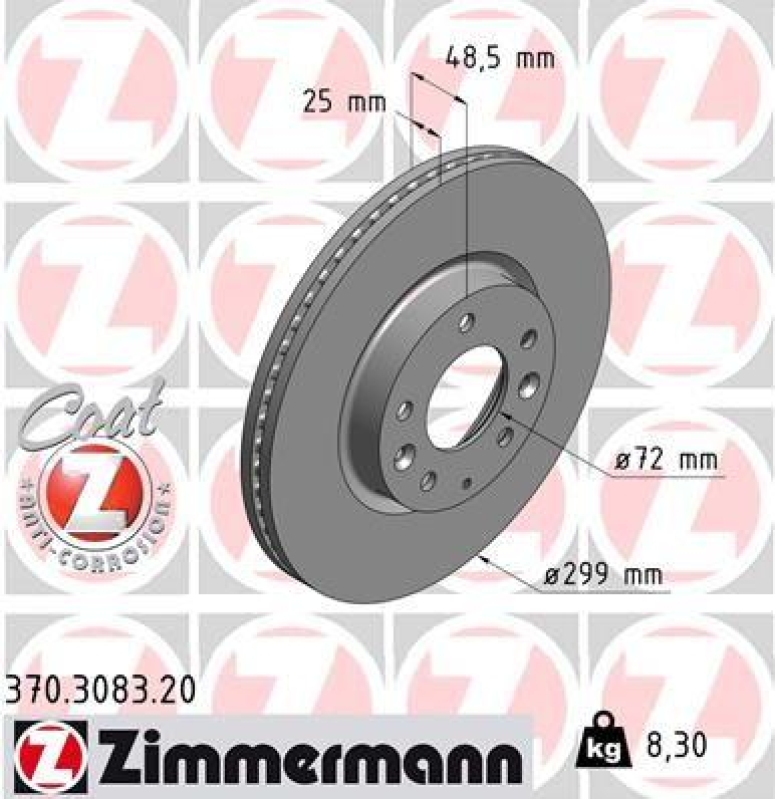 2x Zimmermann Bremsscheiben Coat Z Ø299mm Vorne passend für Mazda 6 2.0 2.2 1.8 370.3083.20