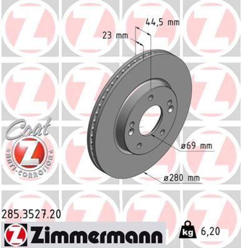 2x Zimmermann Bremsscheiben Coat Z Ø280mm Vorne passend für Hyundai i30 Kona KIA 285.3527.20
