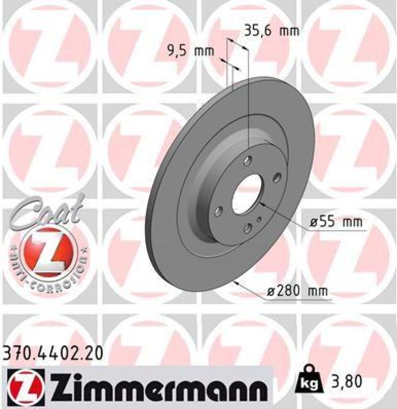 2x Zimmermann Bremsscheiben Coat Z Ø280mm Hinten passend für Mazda MX-5 Fiat RF 370.4402.20