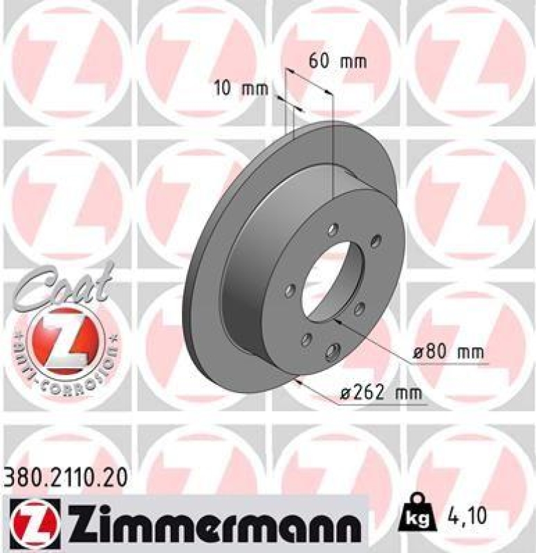 2x Zimmermann Bremsscheiben Coat Z Ø262mm Hinten passend für Mitsubishi Lancer 8 380.2110.20