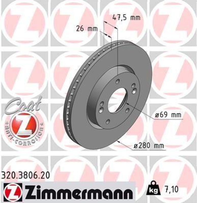 2x Zimmermann Bremsscheiben Coat Z Ø280mm Vorne passend für Hyundai i30 ix20 KIA 320.3806.20