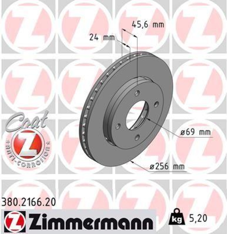 2x Zimmermann Bremsscheiben Coat Z Ø256mm Vorne passend für Mitsubishi Colt CZC 380.2166.20