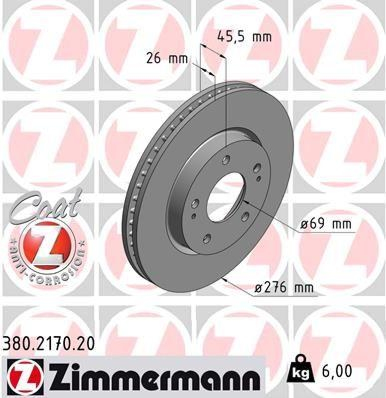 2x Zimmermann Bremsscheiben Coat Z Ø276mm Vorne passend für Mitsubishi Lancer 8 380.2170.20