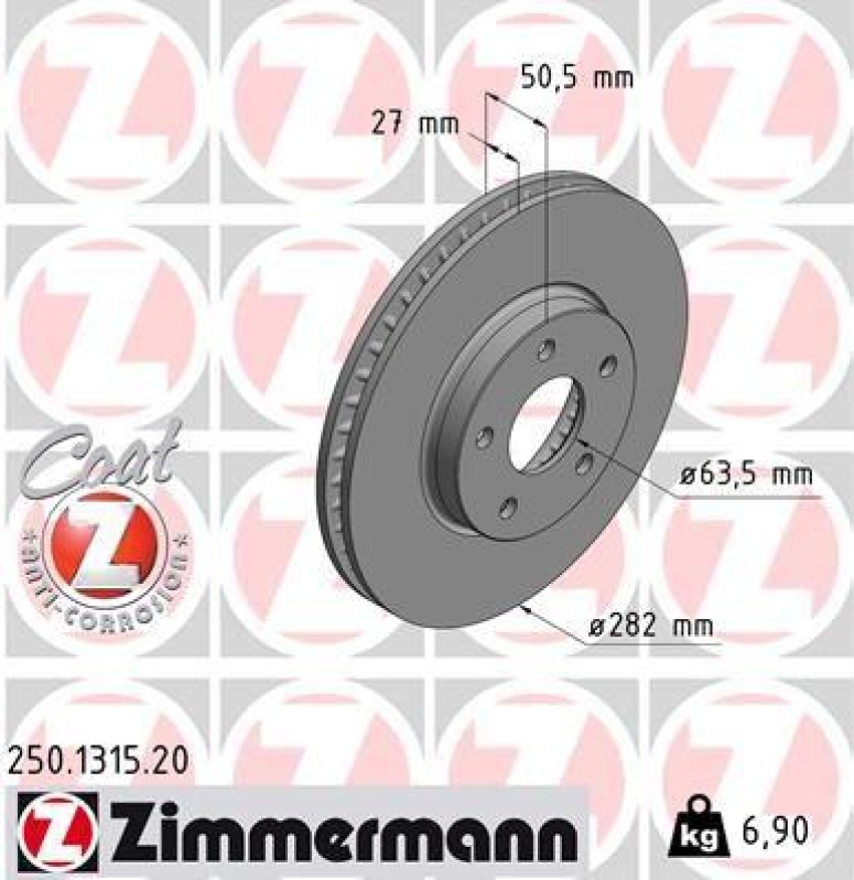 2x Zimmermann Bremsscheiben Coat Z Ø282mm Vorne passend für Ford Focus 4 1.0 1.5 250.1315.20