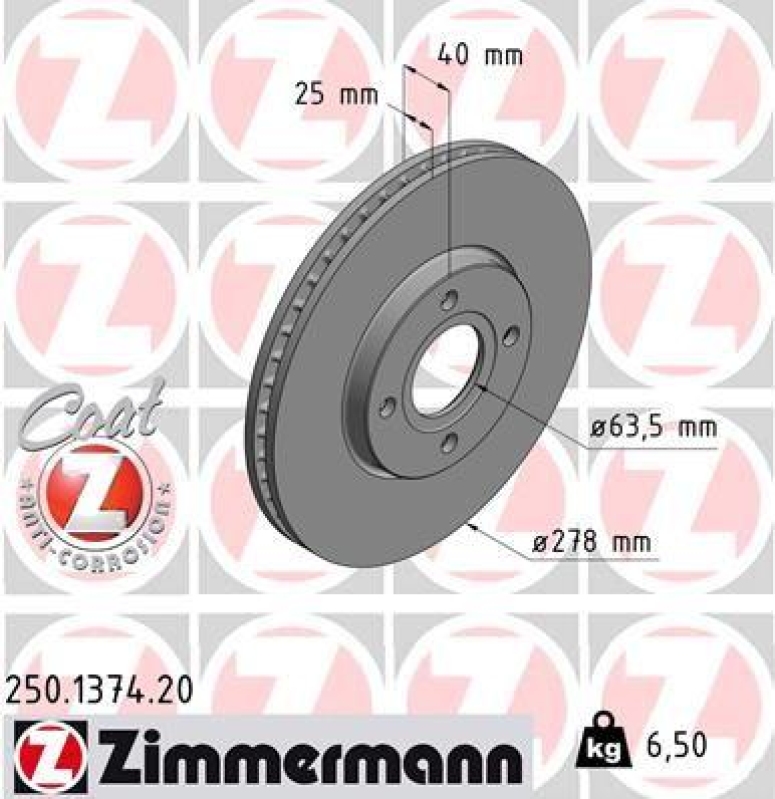 2x Zimmermann Bremsscheiben Coat Z Ø278mm Vorne passend für Ford Ecosport 1.0 250.1374.20