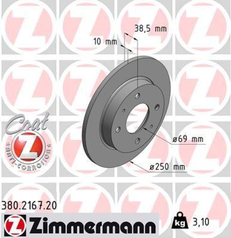 2x Zimmermann Bremsscheiben Coat Z Ø250mm Hinten passend für Mitsubishi Colt CZC 380.2167.20