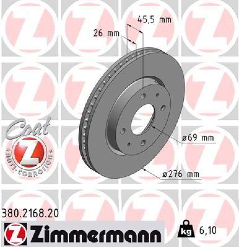 2x Zimmermann Bremsscheiben Coat Z Ø276mm Vorne passend für Mitsubishi Lancer 7 380.2168.20