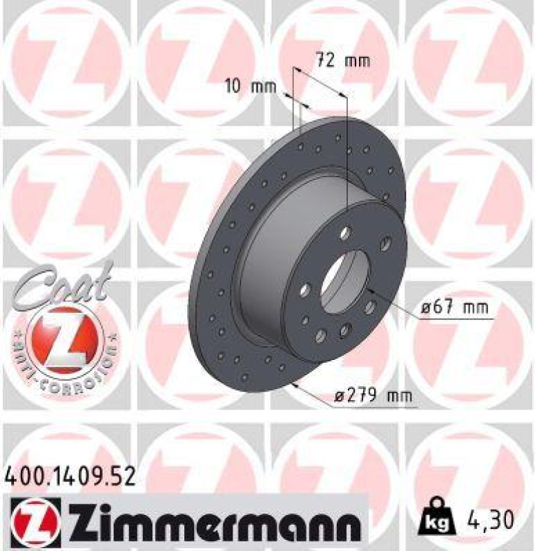 2x Zimmermann Bremsscheiben Coat Z Ø279mm Hinten passend für Mercedes SL R107 400.1409.52