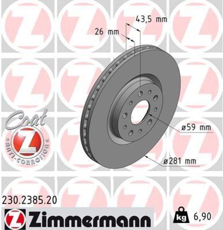 2x Zimmermann Bremsscheiben Coat Z Ø281mm Vorne passend für Fiat Tipo 1.4 1.6 230.2385.20