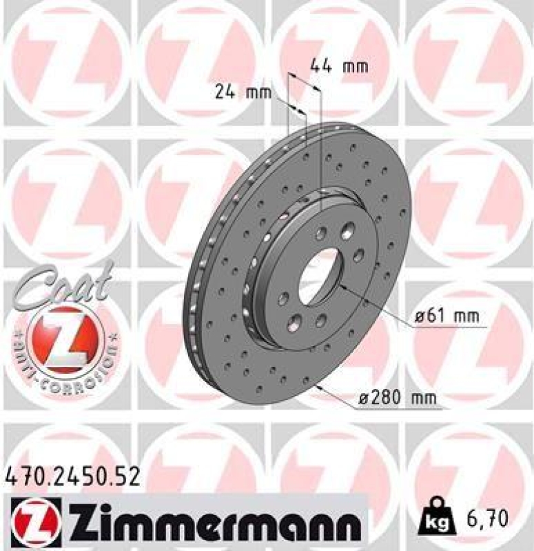 2x Zimmermann Bremsscheiben Coat Z Ø280mm Vorne passend für Renault Captur Dacia 470.2450.52