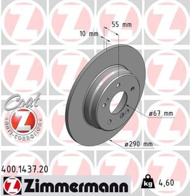 2x Zimmermann Bremsscheiben Coat Z Ø290mm Hinten passend für Mercedes C-Klasse 400.1437.20