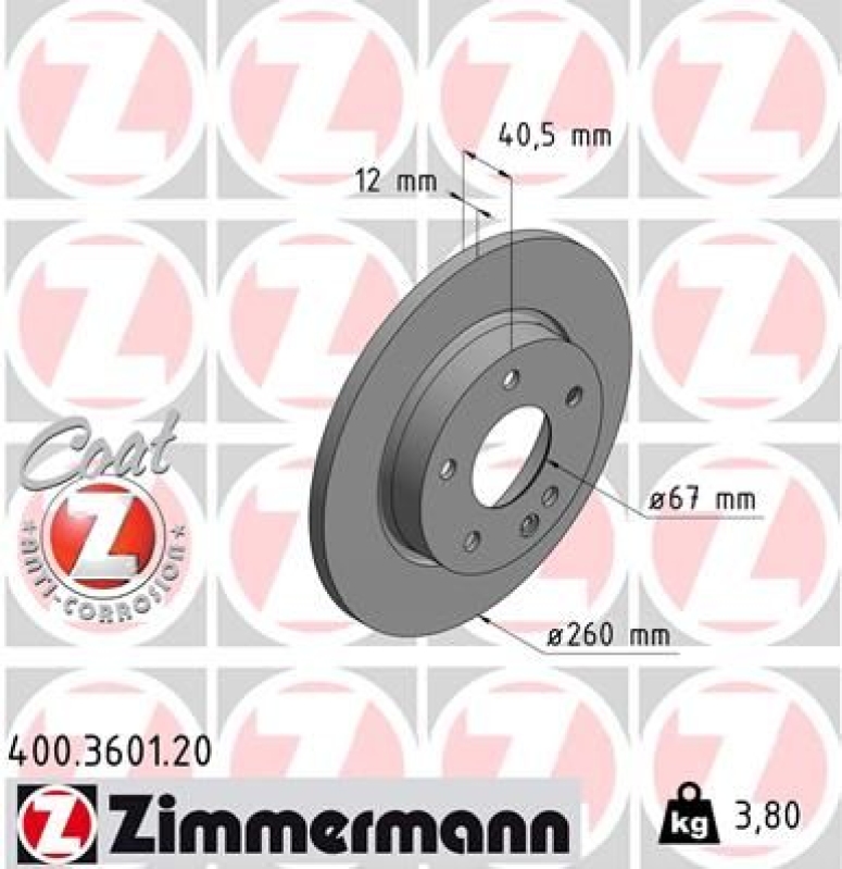 2x Zimmermann Bremsscheiben Coat Z Ø260mm Vorne passend für Mercedes A-Klasse 400.3601.20