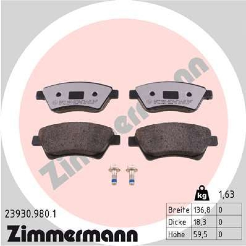 ZIMMERMANN Bremsbelagsatz, Scheibenbremse rd:z 23930.980.1