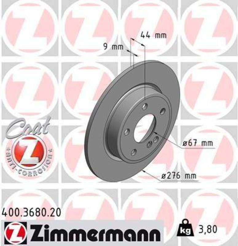 2x Zimmermann Bremsscheiben Coat Z Ø276mm Hinten passend für Mercedes A-Klasse 400.3680.20