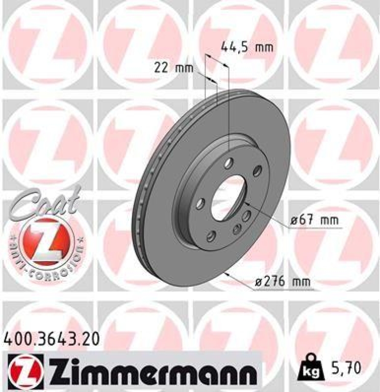 2x Zimmermann Bremsscheiben Coat Z Ø276mm Vorne passend für Mercedes A-Klasse 400.3643.20