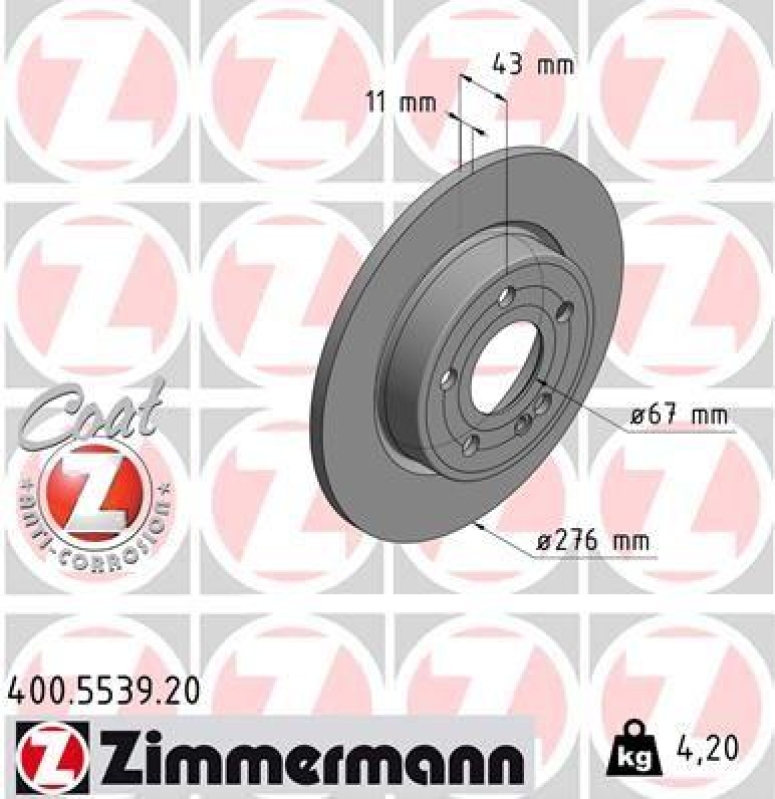 2x Zimmermann Bremsscheiben Coat Z Ø276mm Hinten passend für Mercedes A-Klasse 400.5539.20
