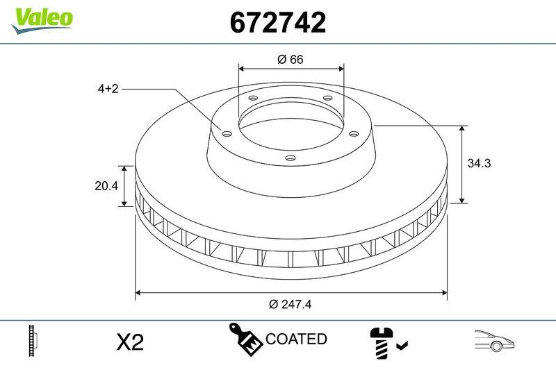 2x VALEO Bremsscheibe COATED 672742