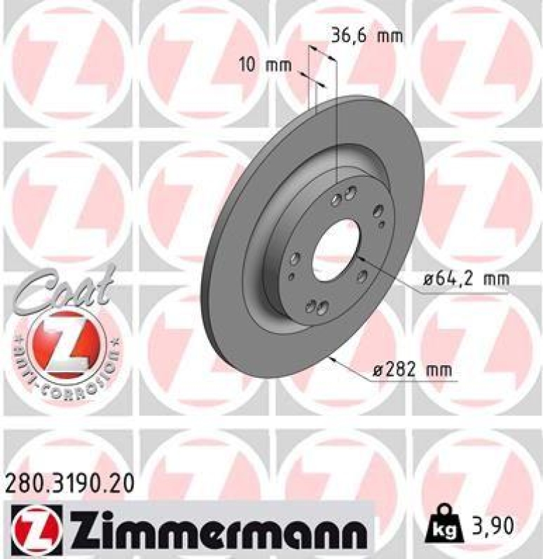 2x Zimmermann Bremsscheiben Coat Z Ø282mm Hinten passend für Honda Civic 10 1.5 280.3190.20
