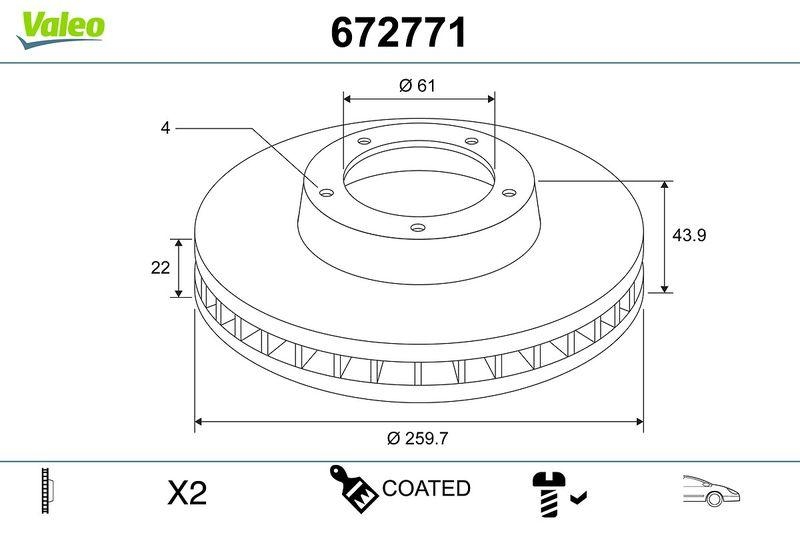 2x VALEO Bremsscheibe COATED 672771