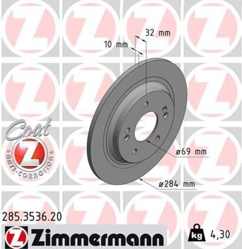 2x Zimmermann Bremsscheiben Coat Z Ø284mm Hinten passend für Hyundai Kona 1.0 285.3536.20